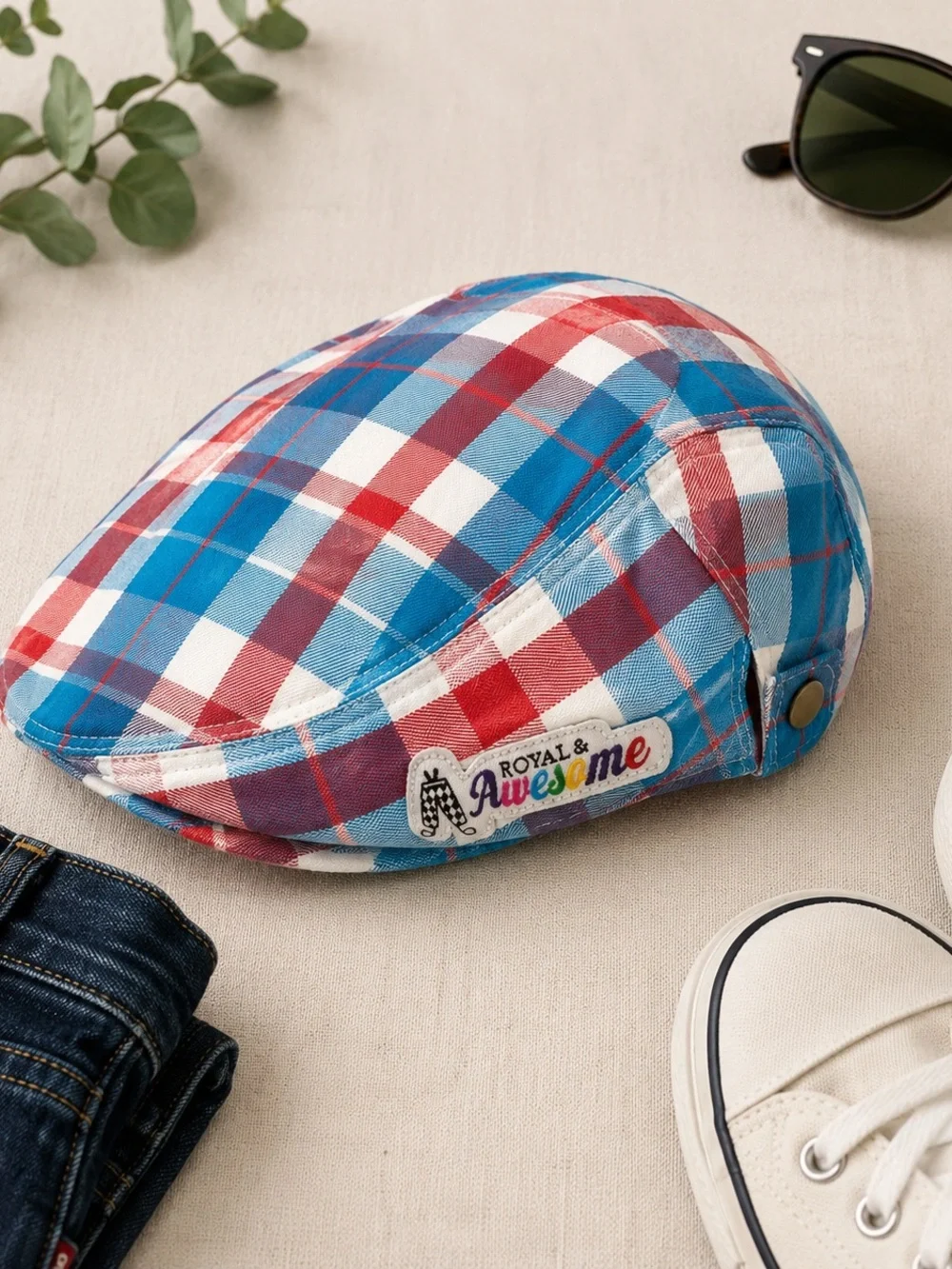 Royal & Awesome Plaid Flat Cap - Red, Blue & White